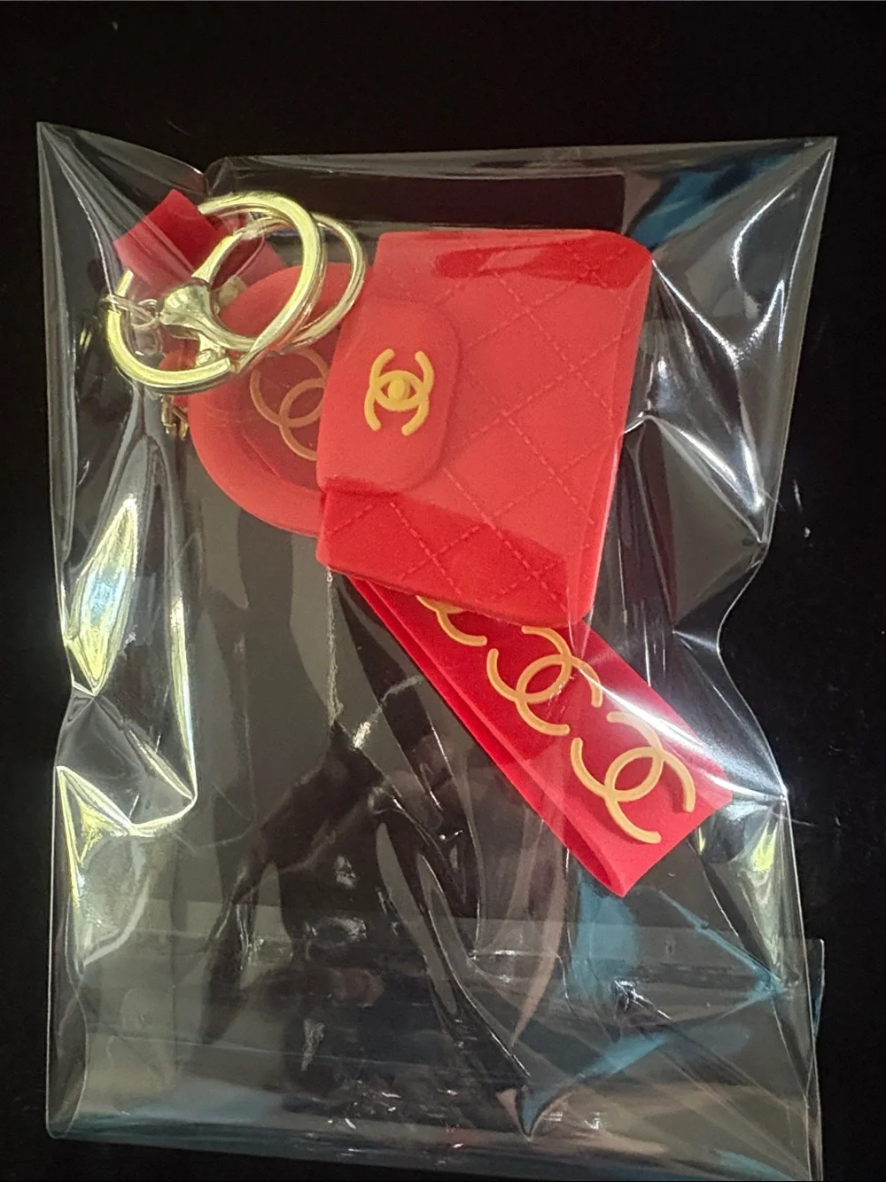 Red Fashion Quilted Silicone Handbag Keychain Bag Charm with Gold Accents